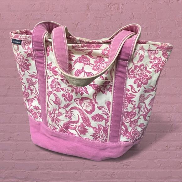 Lands End Canvas Tote Bag Boat Floral Toile Medium 16" Beach Travel Pink Pockets - Picture 1 of 16